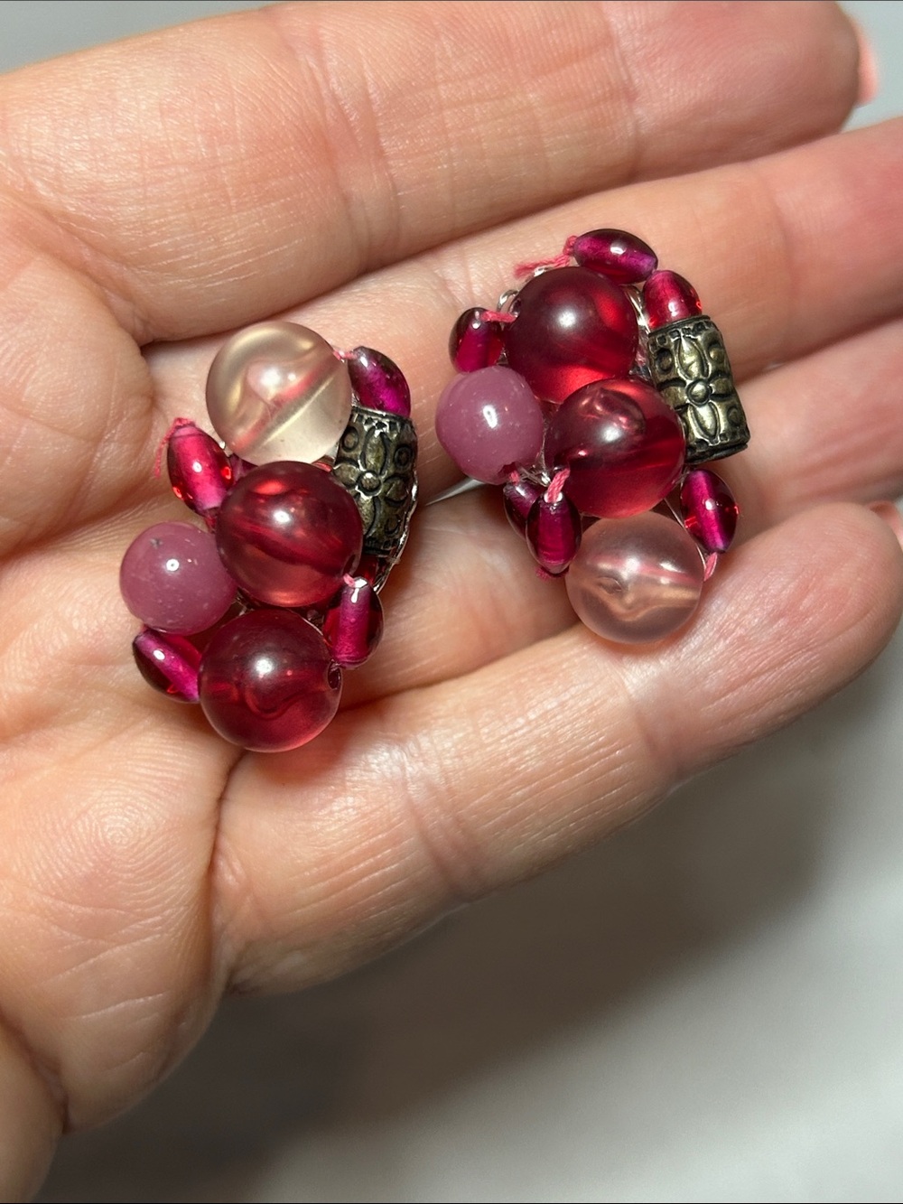 Red Beaded Cluster Screw-On Earrings - Unbranded